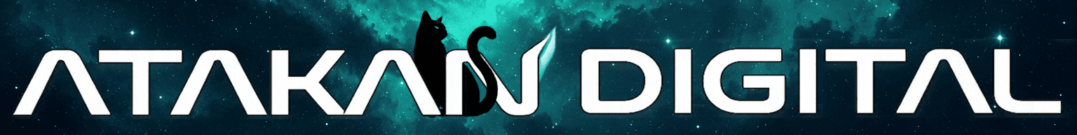 Atakan Digital logo — ATAKAN DIGITAL with cat silhouette on a cosmic cyan background